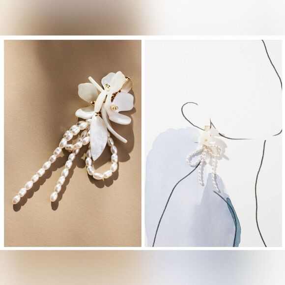 Cream Floral Faux Pearl Earrings Lead Nickel Free - Picture 1 of 5